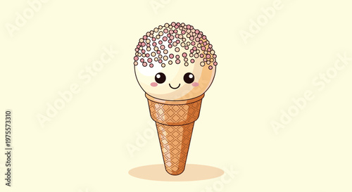 Adorable kawaii style vanilla ice cream cone with a smiling face and colorful sprinkles on top of a waffle cone.