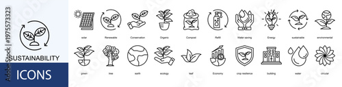 Sustainability  Icon Set Collection Pack Vector Illustration Concept. Containing solar, Renewable, Conservation, Organic, Compost, Refill icon