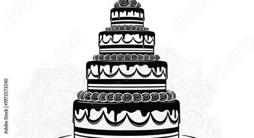 Grand multi-tiered black and white wedding cake decorated with elegant swirls and icing against a decorative background.