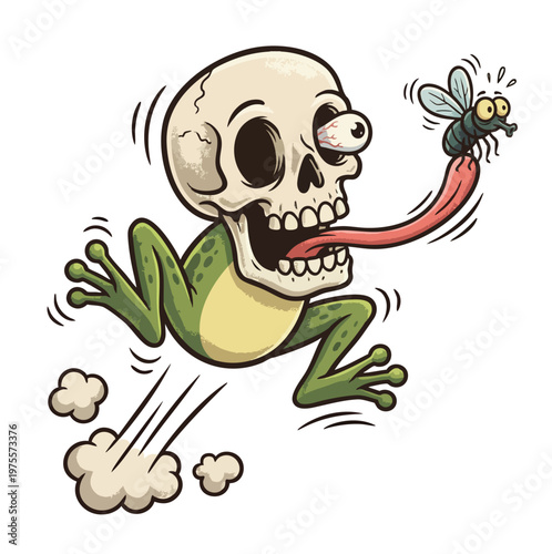 Cartoon frog with skull head catching fly with long tongue