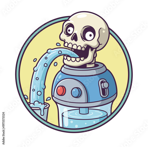 Cartoon skull with water dispenser in retro style illustration
