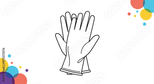 Pair of protective industrial safety gloves shown in a simple black outline drawing with colorful circular elements around.