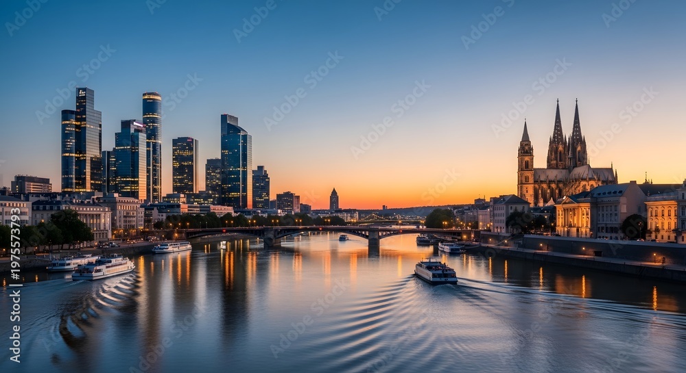 Fototapeta premium Modern City Skyline and Cathedral Along River at Sunset