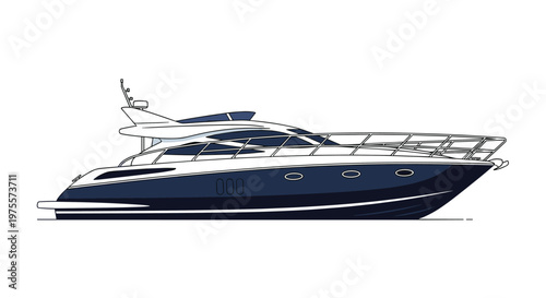 Sleek dark blue and white luxury power yacht cruising through the water with a modern design and flybridge on white background.