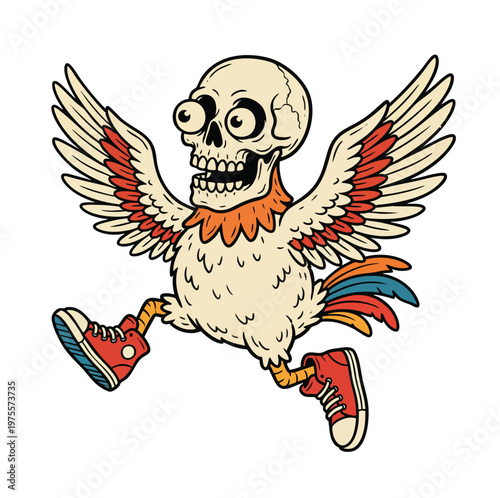Cartoon chicken with skull head and wings wearing sneakers