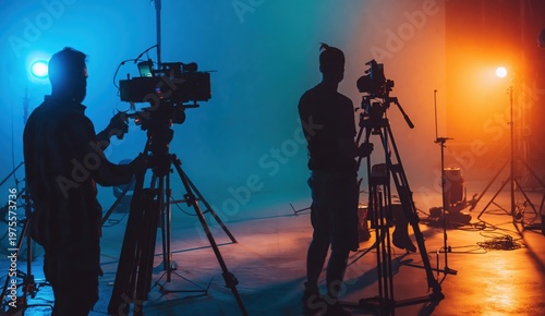 Two videographers operate professional cameras on tripods in a studio with dramatic blue and orange lighting.