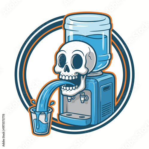 Illustration of Skull Water Cooler with Flowing Water into Glass