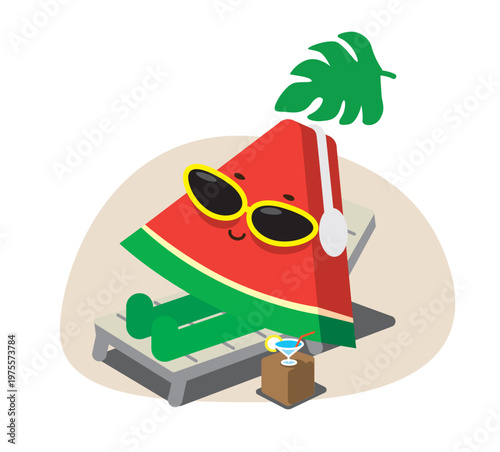 Cute watermelon character sunbathing on a sunbed with sunglasses and headphones, summer relaxation concept, vector illustration.