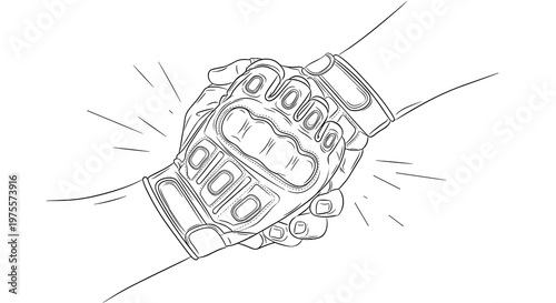 Close up sketch of two people shaking hands while wearing protective tactical or work gloves on a white background.