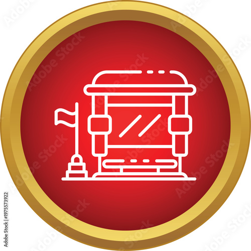 Outline bus stop shelter featuring a flag, presented in a round red and gold button style