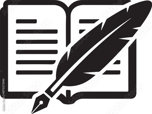 Quill pen, book icon, writing symbol, literary sign, black vector