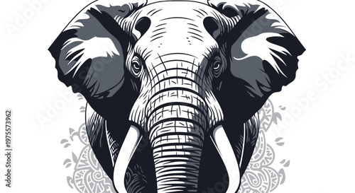 Majestic elephant head illustration in black and white with large tusks and intricate mandala patterns in the background.