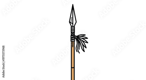 Long traditional tribal spear with a wooden shaft, sharp metal head, and decorative feathers hanging from the top.