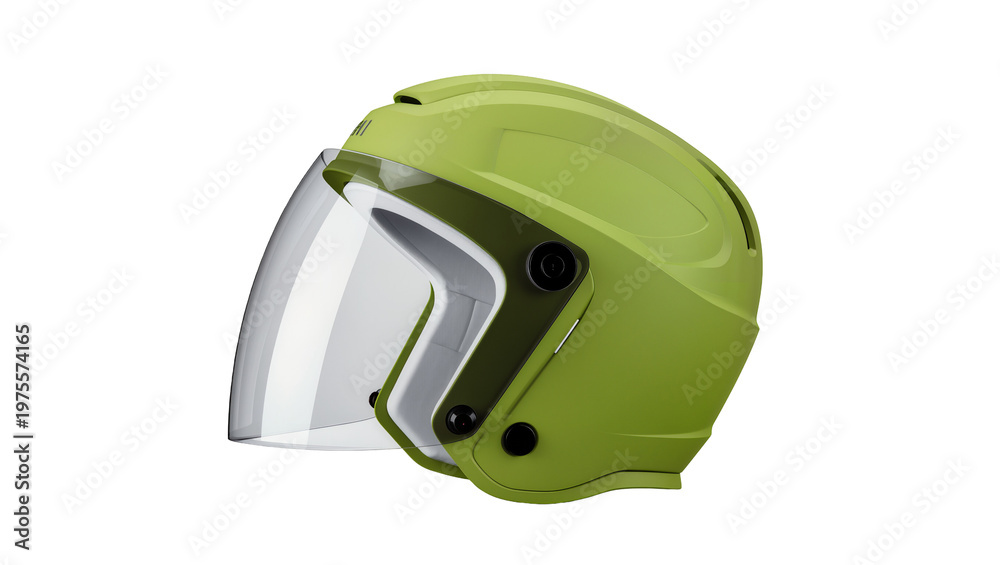 Fototapeta premium Lime green open face motorcycle helmet with clear visor, isolated on transparent background