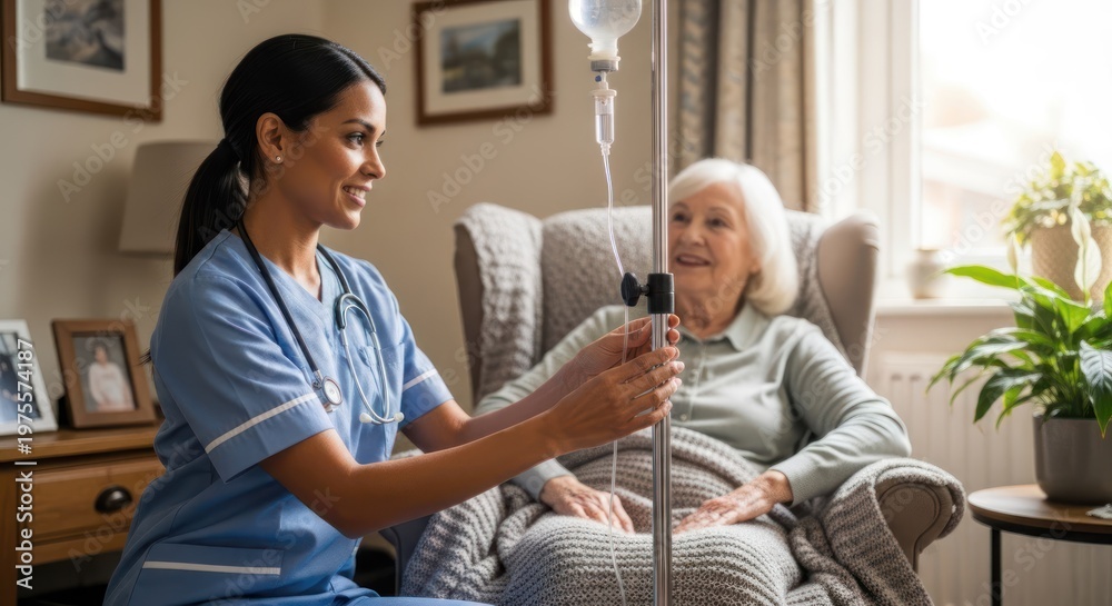 Obraz premium A young, smiling nurse is carefully adjusting an intravenous (IV) drip for an elderly woman in a comfortable armchair. The nurse is wearing a light 