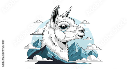 Noble llama head portrait set against a backdrop of blue mountains and white clouds in a nature themed illustration.
