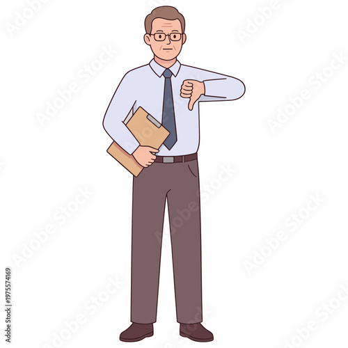 A man in business attire shows disapproval with a thumbs down while holding papers.