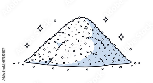 Simple line drawing of a small pile of white granular substance like salt or sugar with sparkles for cleanliness or value.
