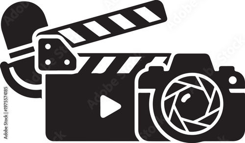 Film, cinema, video production icons, movie clapper, camera symbol