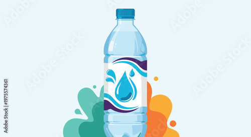 Clear plastic water bottle with a blue cap and a refreshing droplet logo against an abstract green and orange background.