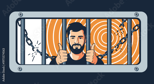 Bearded man smiling and giving a thumbs up from behind prison bars while broken chains fly in the air on an orange circular background.