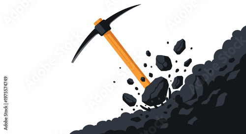 Pickaxe striking a pile of dark rocks or coal, showing pieces flying in the air, representing mining, labor, and resource extraction.
