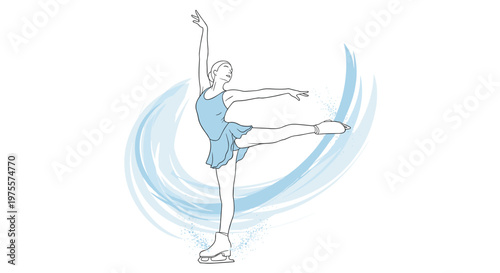 Graceful figure skater in a blue dress performing a spin on the ice with artistic blue swirls and splashes representing movement.