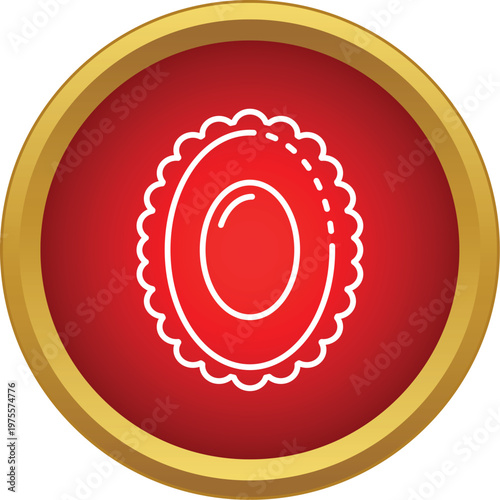 Ovoid brooch line art inside a red and gold circular frame