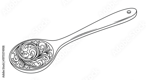 Beautifully detailed wooden spoon featuring an intricate floral swirl carving on its bowl, black and white line art drawing.