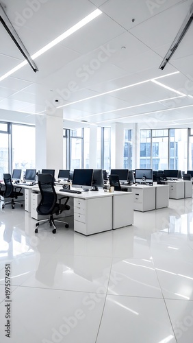 Bright, modern office space with rows of workstations and large windows