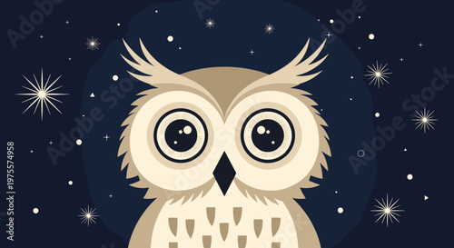 Cute owl face with large eyes centered against a dark blue starry night sky background with twinkling stars and moon.