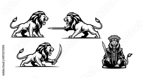Lions with Swords and Lion King Illustration Set.