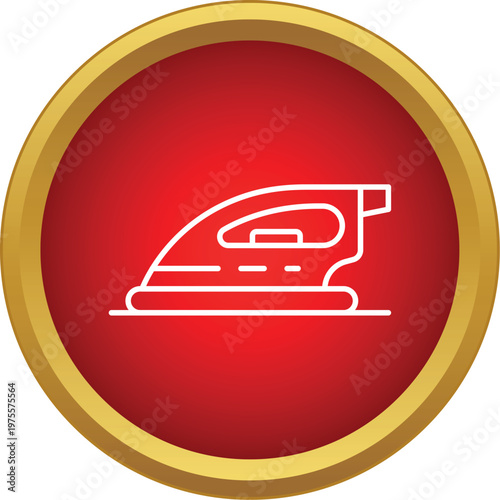 Ironing appliance outline in a red circle with gold border