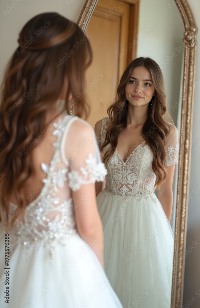Naklejka premium Young bride looks in mirror wearing white wedding dress. Happy woman prepares for marriage ceremony. Beautiful female admires her elegant gown, styled hair, and makeup. Anticipation of big day.