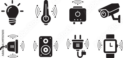 Smart home devices, wireless technology icons, connected gadgets, automation symbols