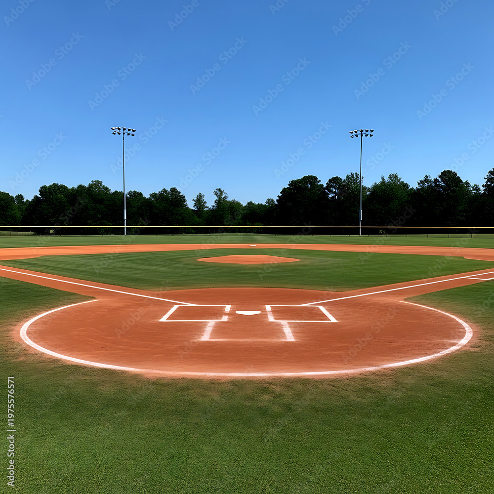 Fototapeta premium A professional baseball grass lines pattern on a well-maintained sports field under a clear blue summer sky.