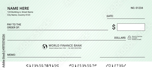 Blank bank check. Professional business check template clean financial cheque with empty field to fill. Currency payment coupon, money check, Voucher coupon