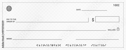 Bank cheque template, Editable payment check design. Currency payment coupon, money check background with empty field to fill. Voucher coupon