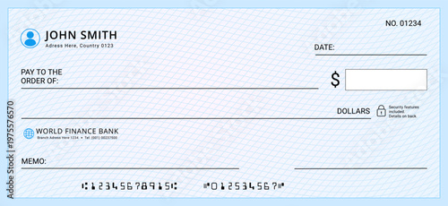 Bank check template with security pattern and clean layout. Cheque design for finance and business Use. Currency payment coupon, Money check