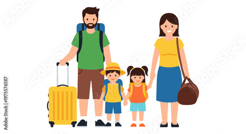 Happy family traveling with luggage vector illustration, parents and children with suitcases for summer vacation, tourists with backpacks on white background