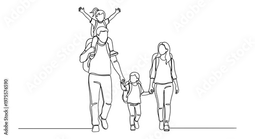 Continuous line drawing of happy family hiking, minimalist family travel vector illustration, parents and children walking with backpacks