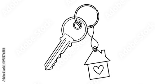 Minimalist house key line art, metal door key with heart home keychain, real estate property ownership vector illustration, new home concept