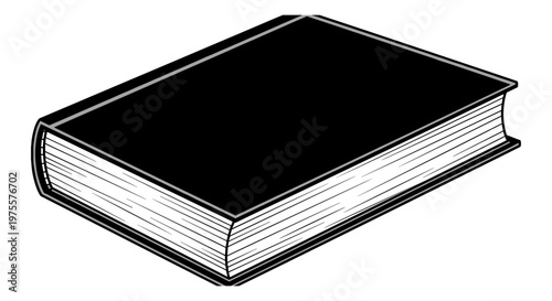 Minimalist black book vector illustration, closed hardcover book with white pages, simple line art book icon for education and literature