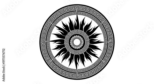 Ancient Greek sun symbol with meander pattern, black and white circular mandala vector, hellenic sunburst ornament for mythology and history projects