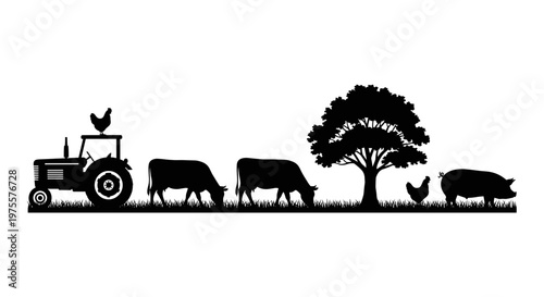 Vintage farm silhouette vector, rustic countryside landscape with tractor and livestock, black farm animals and oak tree on white background