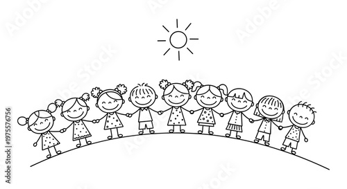 Hand drawn stick figure children holding hands, happy diverse kids group standing on hill under sun, black and white doodle vector illustration