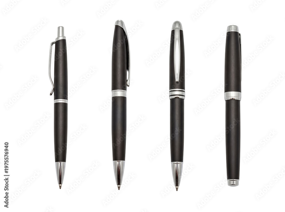 Fototapeta premium Collection of four elegant black and silver professional writing pens, perfect for business and executive use.