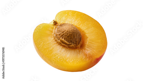 Juicy yellow peach half with rough brown pit, isolated on transparent background