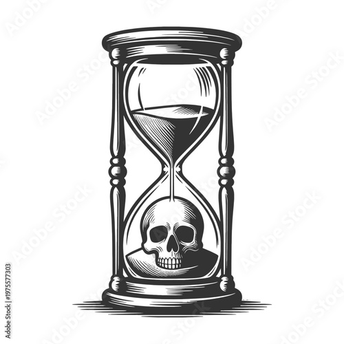 hourglass featuring a skull in the upper chamber, symbolizing time passing, mortality, and dark gothic themes sketch engraving generative ai vector illustration. Scratch board. Black and white image.