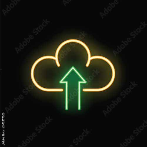 Green neon arrow is pointing up inside a yellow neon cloud, representing uploading to the cloud